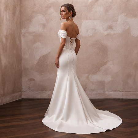 Vintage Satin Trumpet Wedding Dress with Off - the - Shoulder Neckline - Apparel & Accessories > Clothing > Wedding & Bridal Party Dresses > Wedding Dresses - Mignonette Bridal