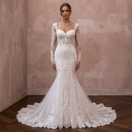 Vintage Tulle Mermaid Wedding Dress with Long Sleeves - Apparel & Accessories > Clothing > Wedding & Bridal Party Dresses > Wedding Dresses - Mignonette Bridal