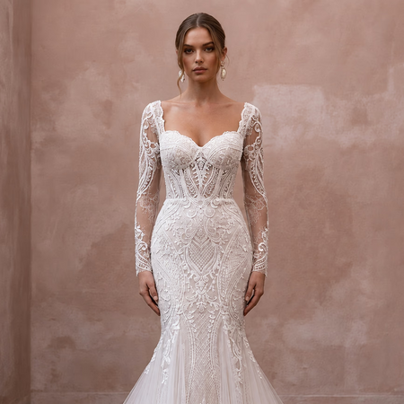 Vintage Tulle Mermaid Wedding Dress with Long Sleeves - Apparel & Accessories > Clothing > Wedding & Bridal Party Dresses > Wedding Dresses - Mignonette Bridal