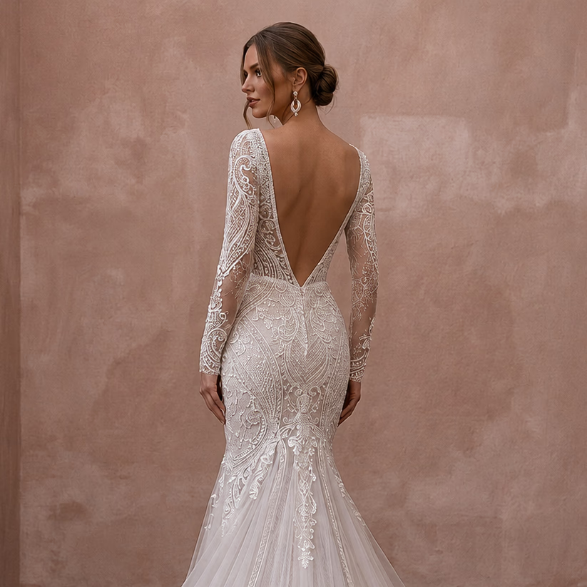 Vintage Tulle Mermaid Wedding Dress with Long Sleeves - Apparel & Accessories > Clothing > Wedding & Bridal Party Dresses > Wedding Dresses - Mignonette Bridal