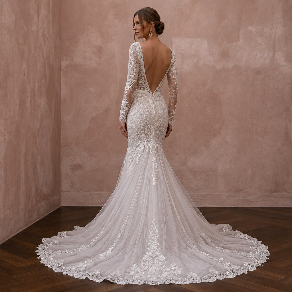 Vintage Tulle Mermaid Wedding Dress with Long Sleeves - Apparel & Accessories > Clothing > Wedding & Bridal Party Dresses > Wedding Dresses - Mignonette Bridal