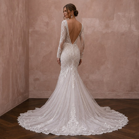 Vintage Tulle Mermaid Wedding Dress with Long Sleeves - Apparel & Accessories > Clothing > Wedding & Bridal Party Dresses > Wedding Dresses - Mignonette Bridal