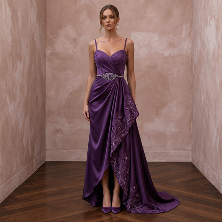 Violet Satin Draped Asymmetrical Hem Formal Dress