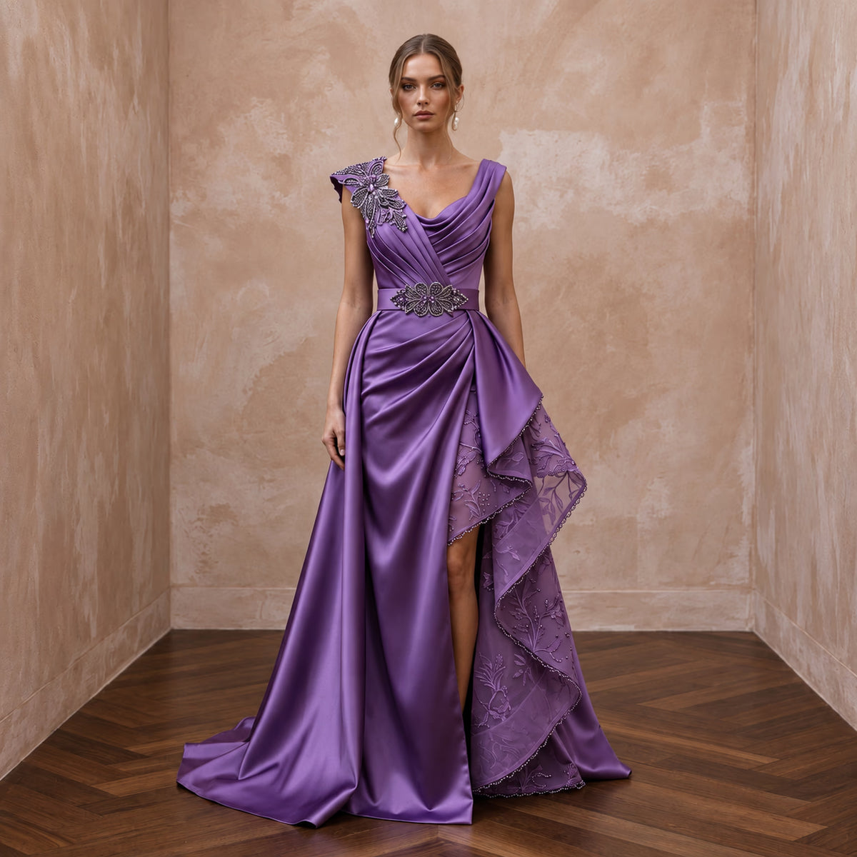Violet Satin Draped Asymmetrical Hem Formal Dress Main image