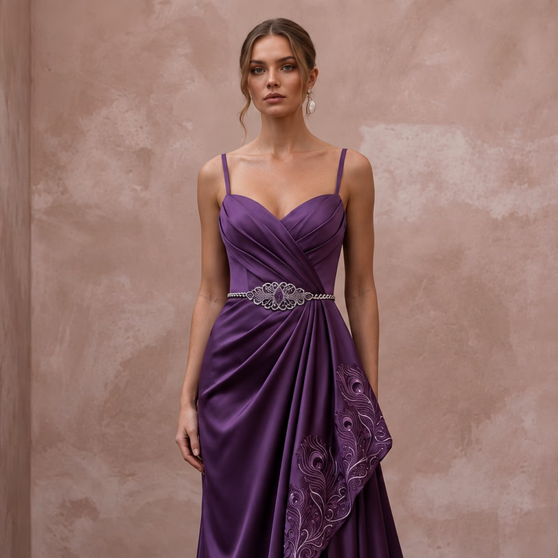 Violet Satin Draped Asymmetrical Hem Formal Dress