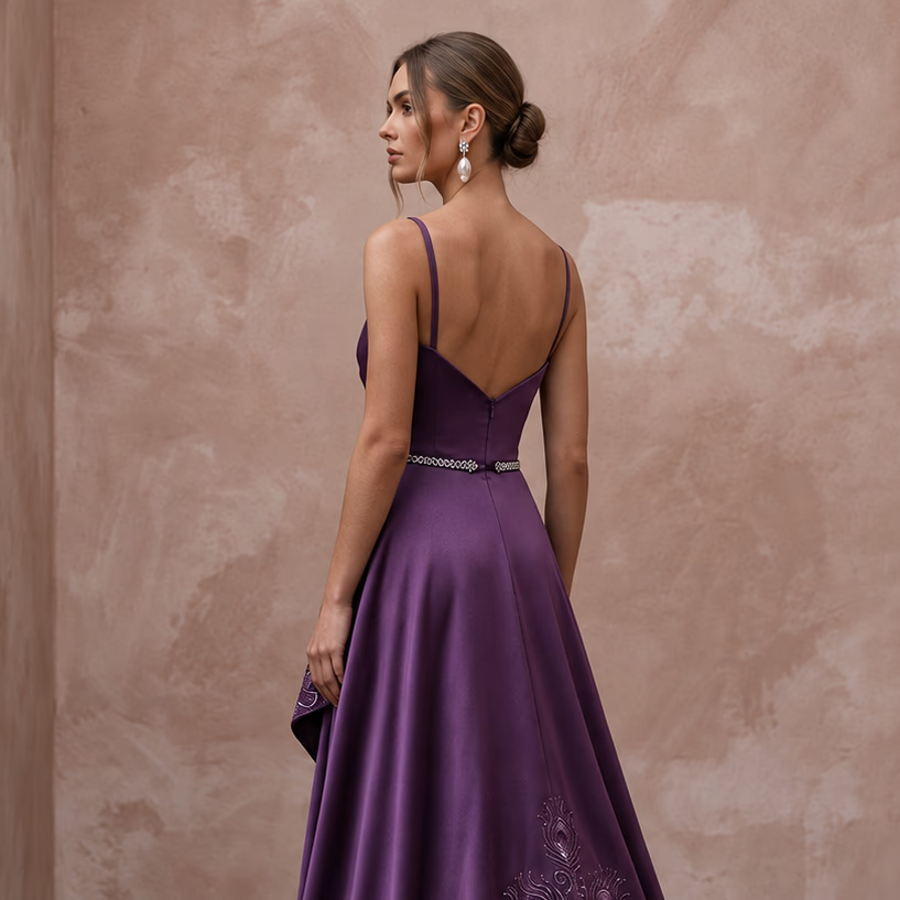 Violet Satin Draped Asymmetrical Hem Formal Dress