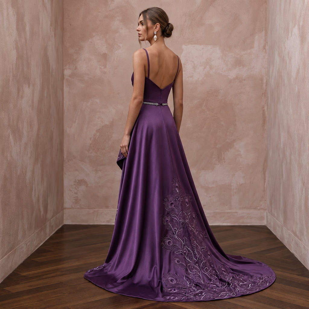 Violet Satin Draped Asymmetrical Hem Formal Dress