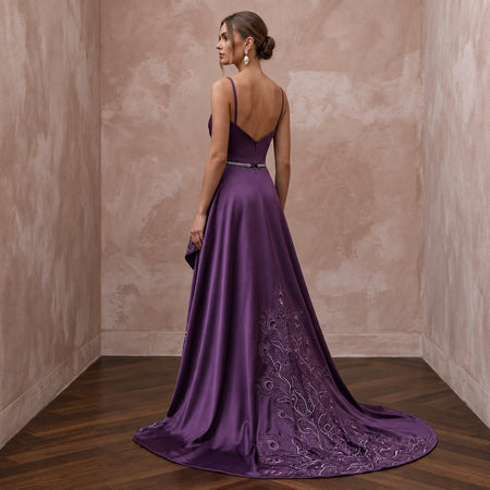 Violet Satin Draped Asymmetrical Hem Formal Dress