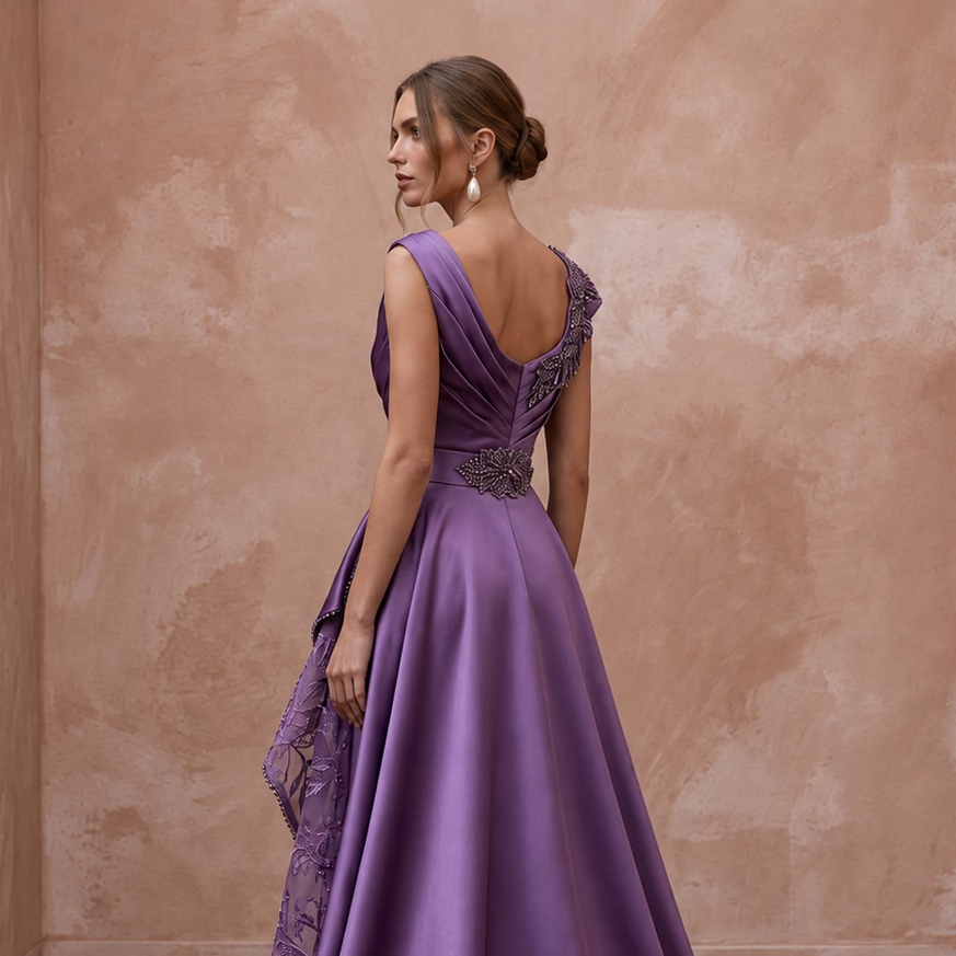 Violet Satin Draped Asymmetrical Hem Formal Dress