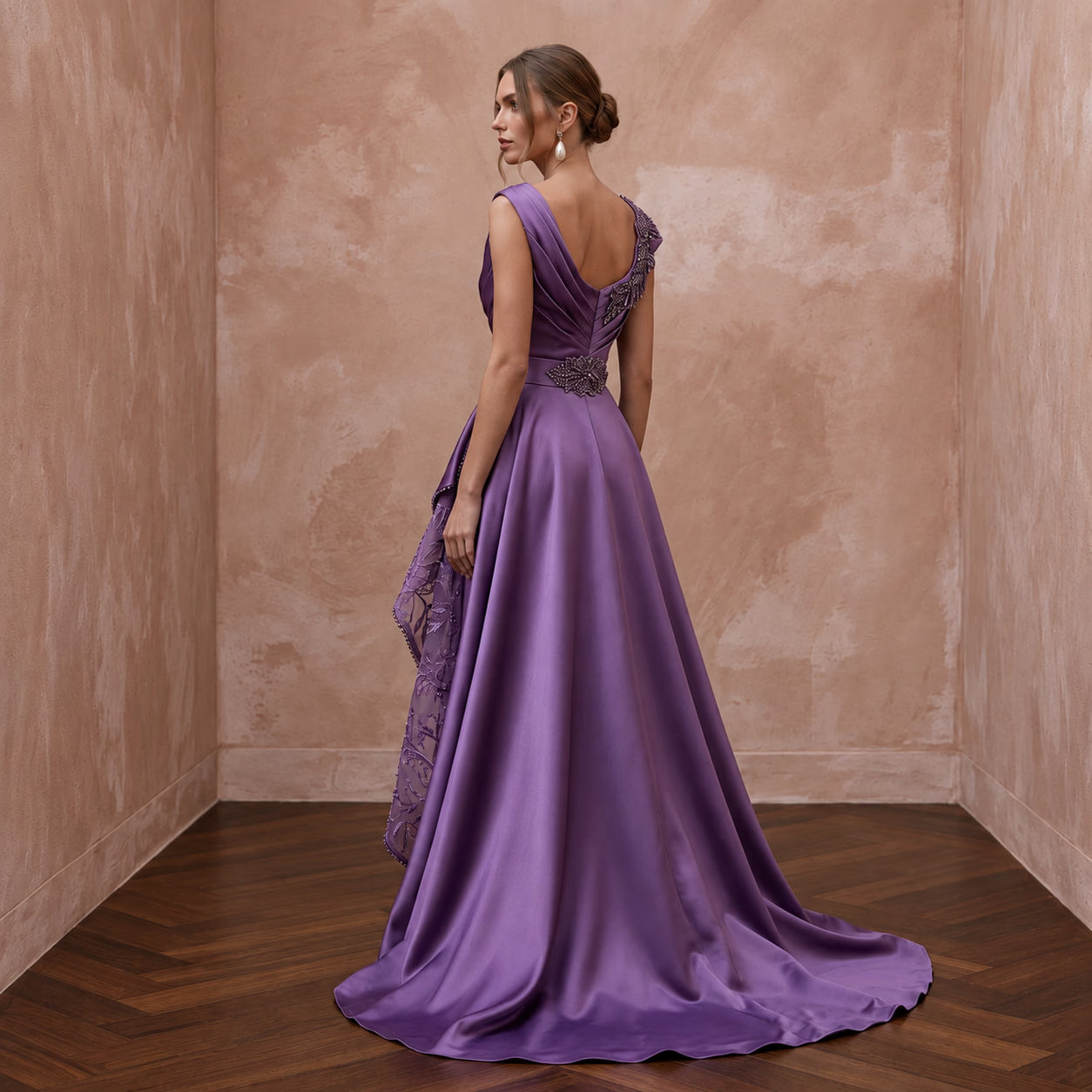 Violet Satin Draped Asymmetrical Hem Formal Dress Secondary image