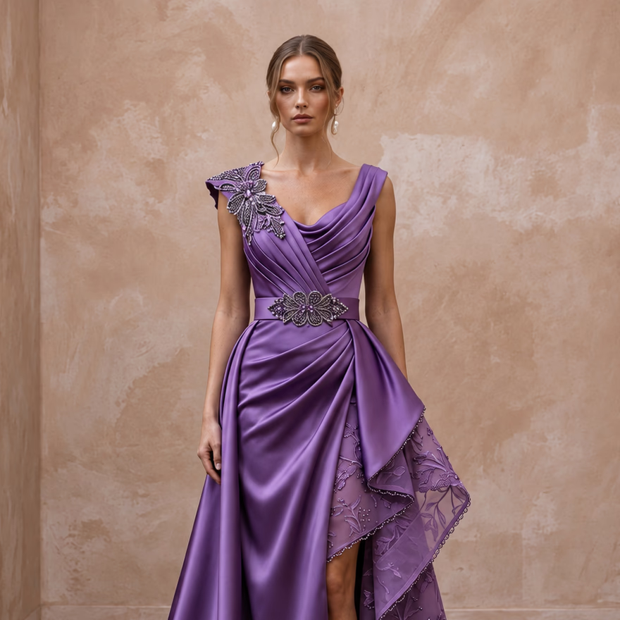 Violet Satin Draped Asymmetrical Hem Formal Dress