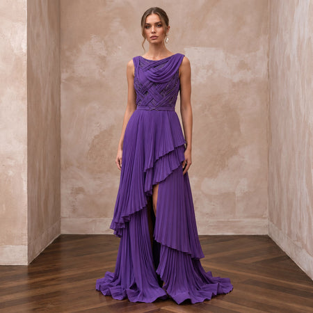 Violet Silk Georgette Draped Asymmetrical Hem Formal Dress - Apparel & Accessories > Clothing > Wedding & Bridal Party Dresses > Wedding Dresses - Mignonette Bridal