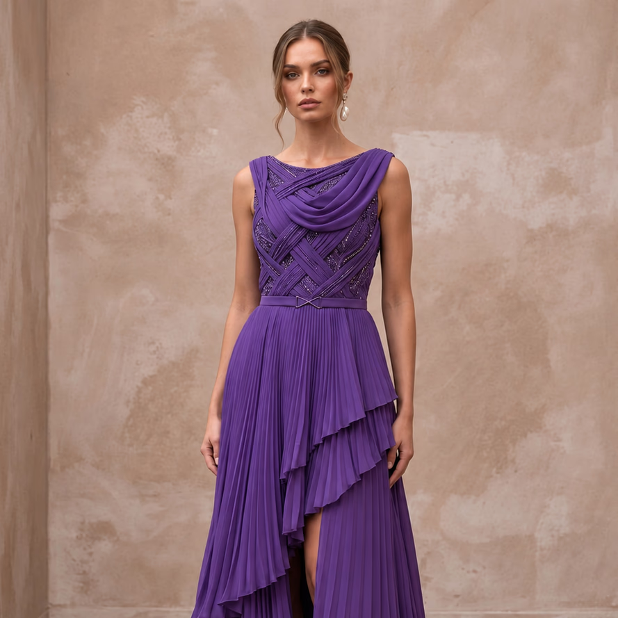 Violet Silk Georgette Draped Asymmetrical Hem Formal Dress - Apparel & Accessories > Clothing > Wedding & Bridal Party Dresses > Wedding Dresses - Mignonette Bridal