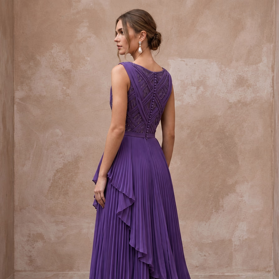 Violet Silk Georgette Draped Asymmetrical Hem Formal Dress - Apparel & Accessories > Clothing > Wedding & Bridal Party Dresses > Wedding Dresses - Mignonette Bridal