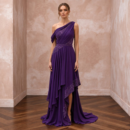 Violet Silk Georgette Draped Asymmetrical Hem Formal Gala Dress