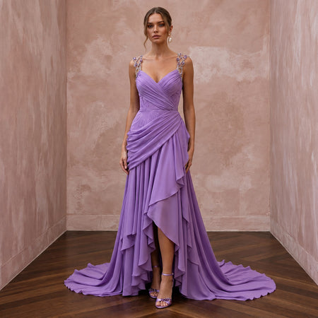 Violet Silk Georgette Draped Asymmetrical Hem Formal Gala Dress