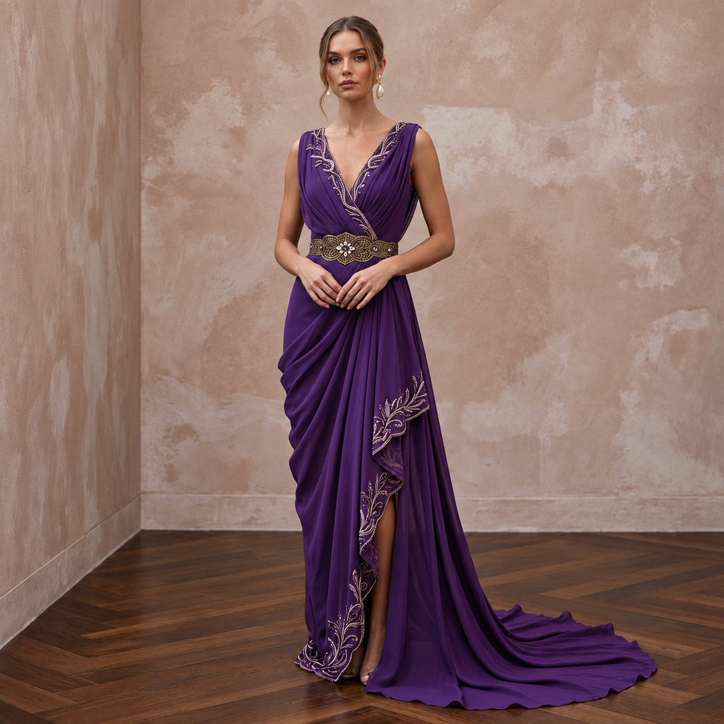 Violet Silk Georgette Draped Asymmetrical Hem Formal Gala Dress