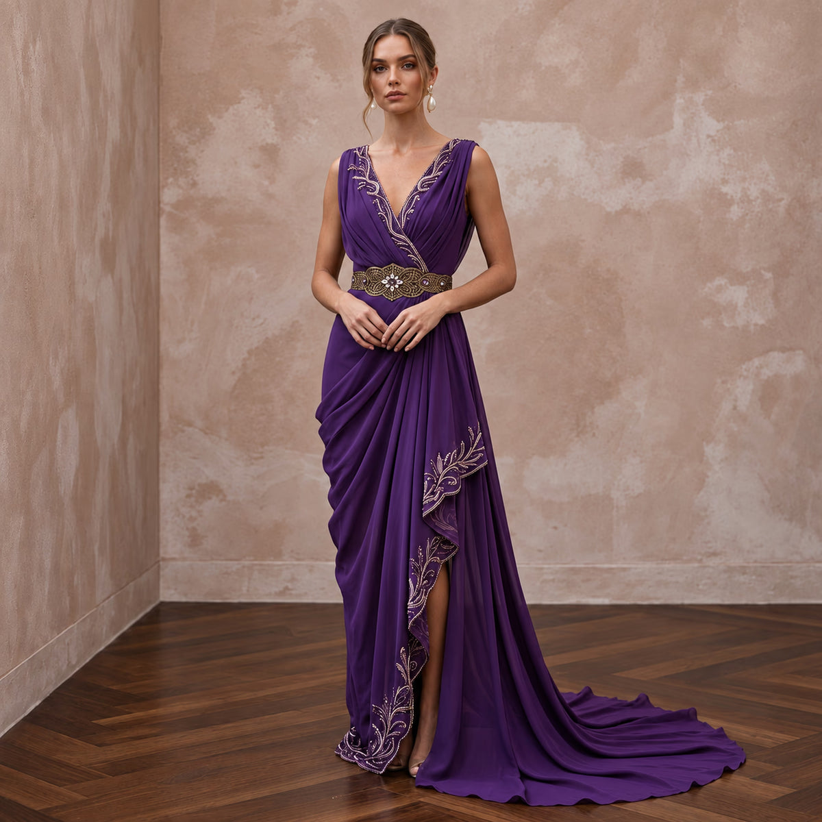 Violet Silk Georgette Draped Asymmetrical Hem Formal Gala Dress