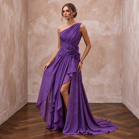 Violet Silk Georgette Draped Asymmetrical Hem Formal Gala Dress - Apparel & Accessories > Clothing > Wedding & Bridal Party Dresses > Wedding Dresses - Mignonette Bridal