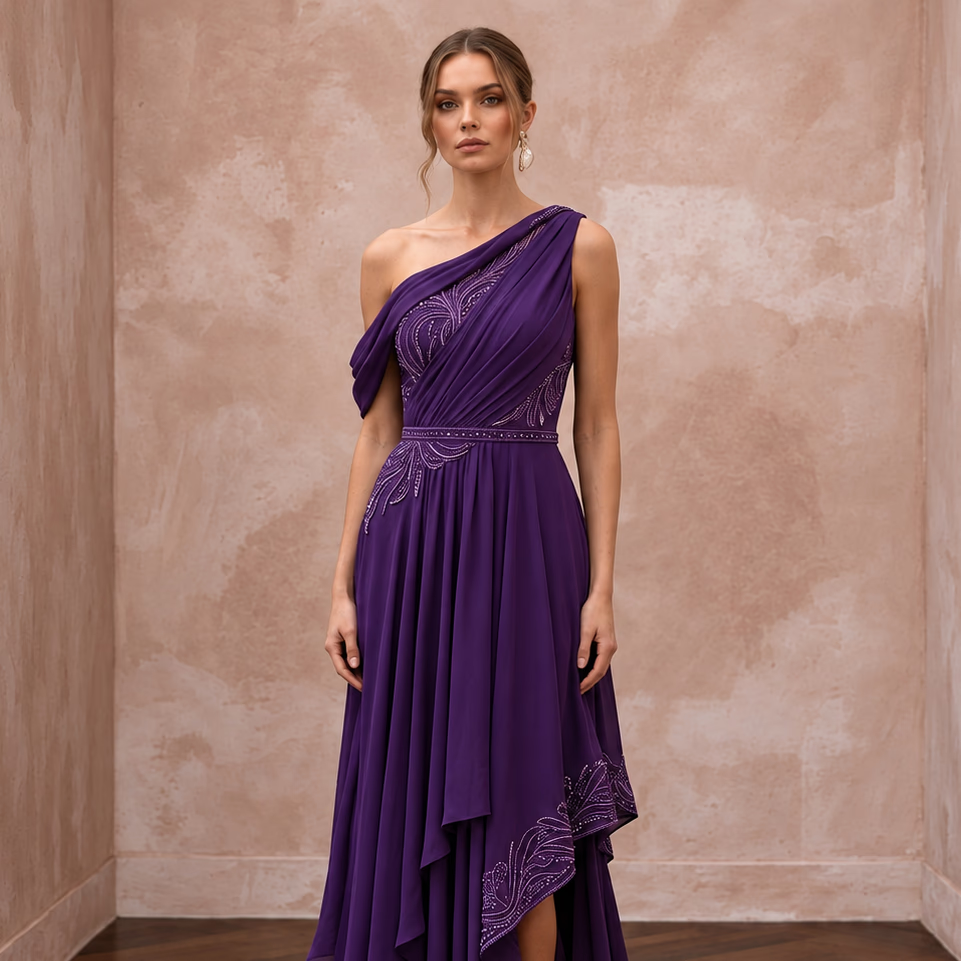Violet Silk Georgette Draped Asymmetrical Hem Formal Gala Dress