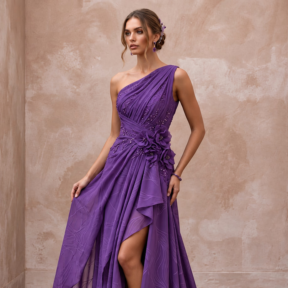 Violet Silk Georgette Draped Asymmetrical Hem Formal Gala Dress - Apparel & Accessories > Clothing > Wedding & Bridal Party Dresses > Wedding Dresses - Mignonette Bridal