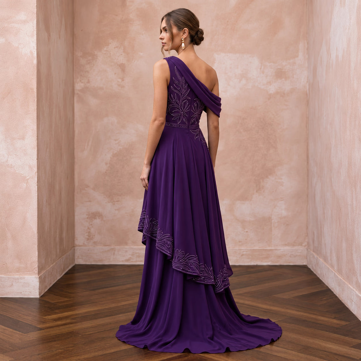 Violet Silk Georgette Draped Asymmetrical Hem Formal Gala Dress