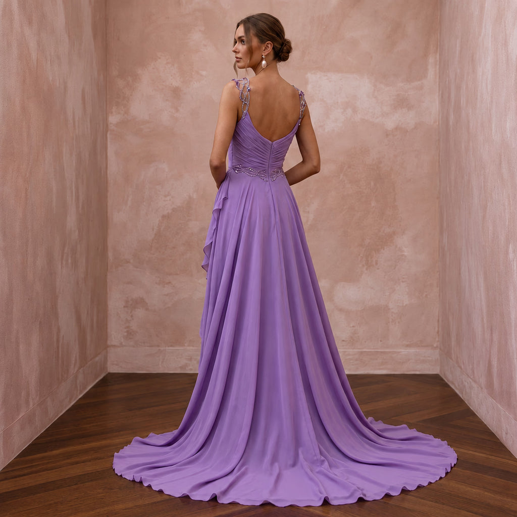 Violet Silk Georgette Draped Asymmetrical Hem Formal Gala Dress