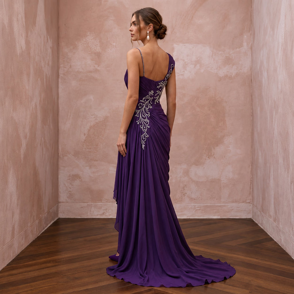 Violet Silk Georgette Draped Asymmetrical Hem Formal Gala Dress