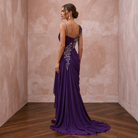 Violet Silk Georgette Draped Asymmetrical Hem Formal Gala Dress