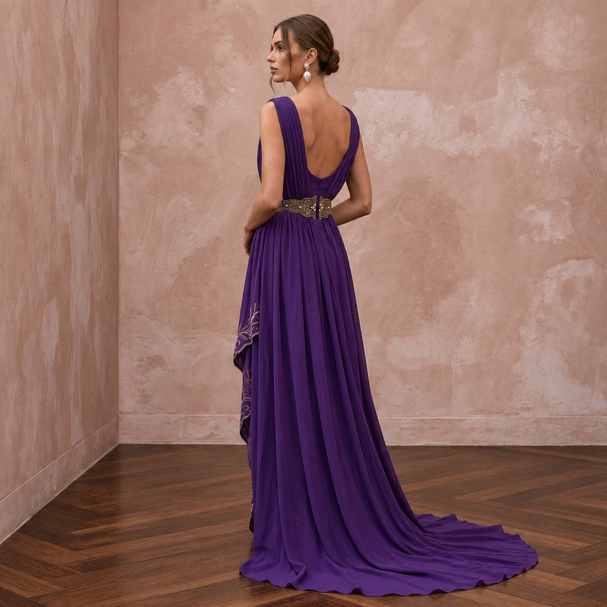 Violet Silk Georgette Draped Asymmetrical Hem Formal Gala Dress