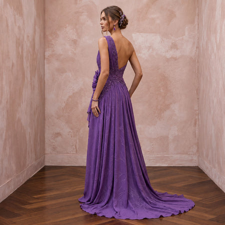 Violet Silk Georgette Draped Asymmetrical Hem Formal Gala Dress - Apparel & Accessories > Clothing > Wedding & Bridal Party Dresses > Wedding Dresses - Mignonette Bridal