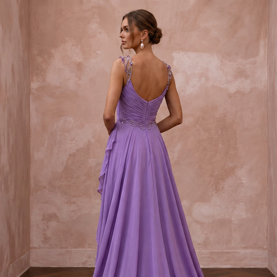 Violet Silk Georgette Draped Asymmetrical Hem Formal Gala Dress
