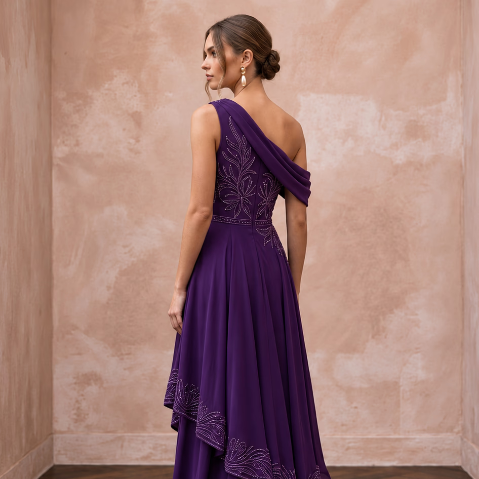 Violet Silk Georgette Draped Asymmetrical Hem Formal Gala Dress