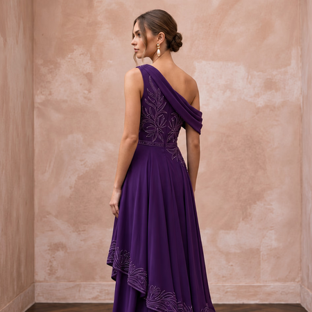Violet Silk Georgette Draped Asymmetrical Hem Formal Gala Dress