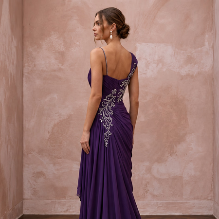 Violet Silk Georgette Draped Asymmetrical Hem Formal Gala Dress