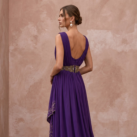 Violet Silk Georgette Draped Asymmetrical Hem Formal Gala Dress