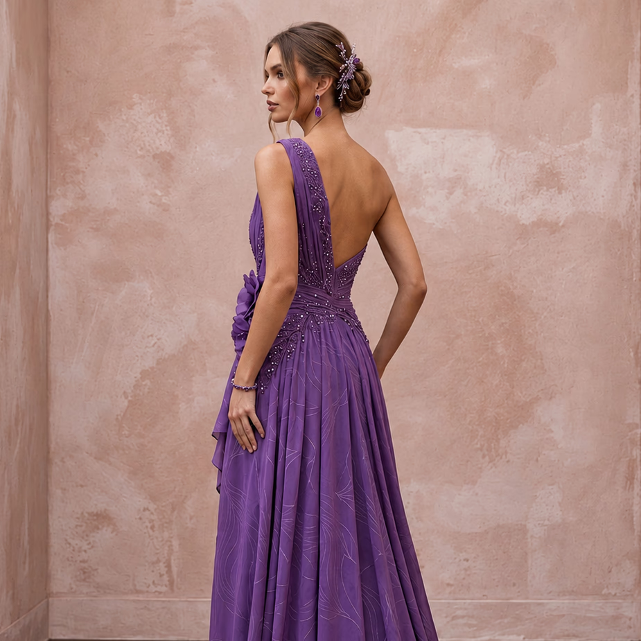 Violet Silk Georgette Draped Asymmetrical Hem Formal Gala Dress - Apparel & Accessories > Clothing > Wedding & Bridal Party Dresses > Wedding Dresses - Mignonette Bridal
