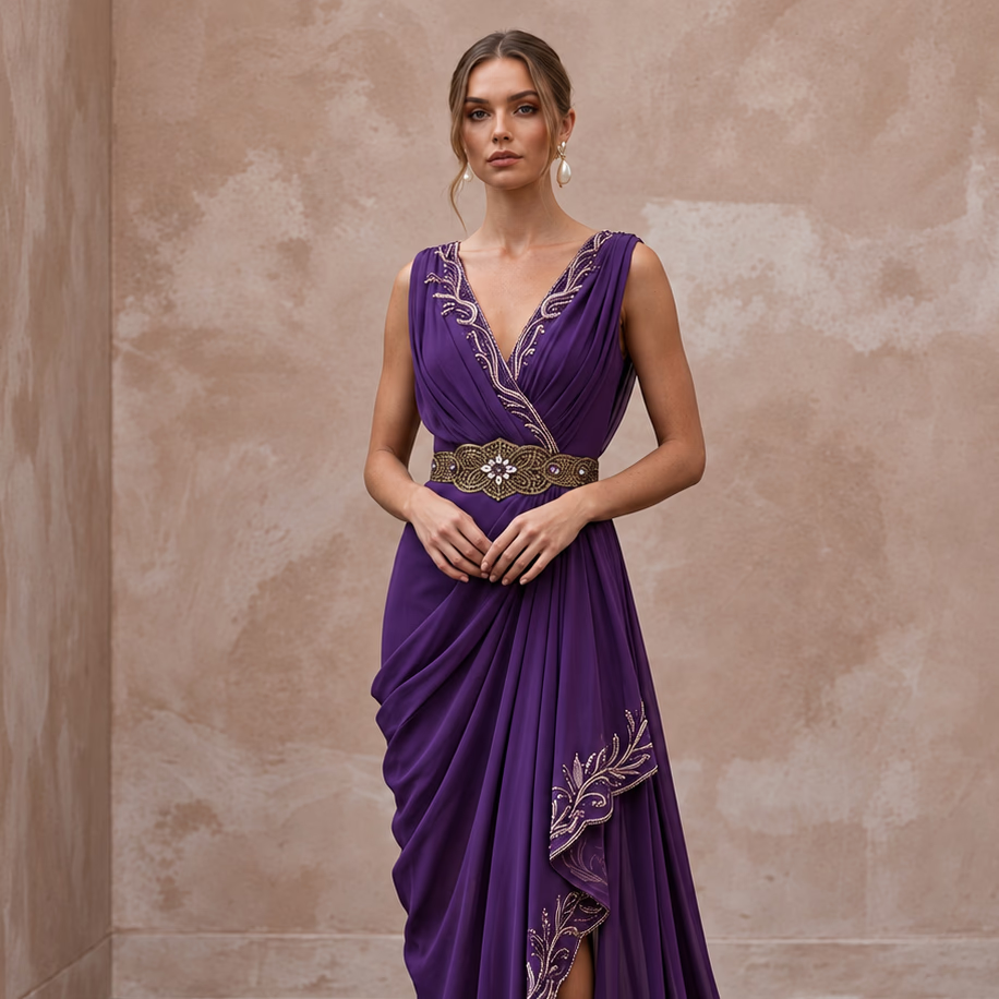 Violet Silk Georgette Draped Asymmetrical Hem Formal Gala Dress