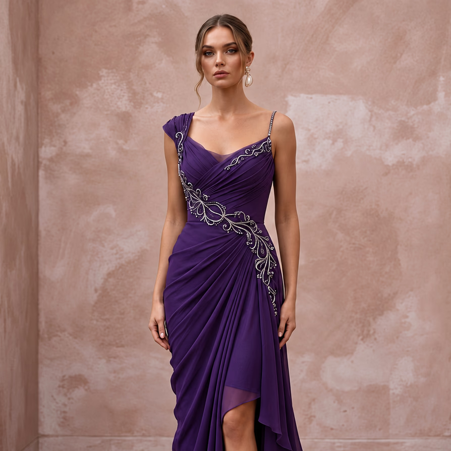 Violet Silk Georgette Draped Asymmetrical Hem Formal Gala Dress