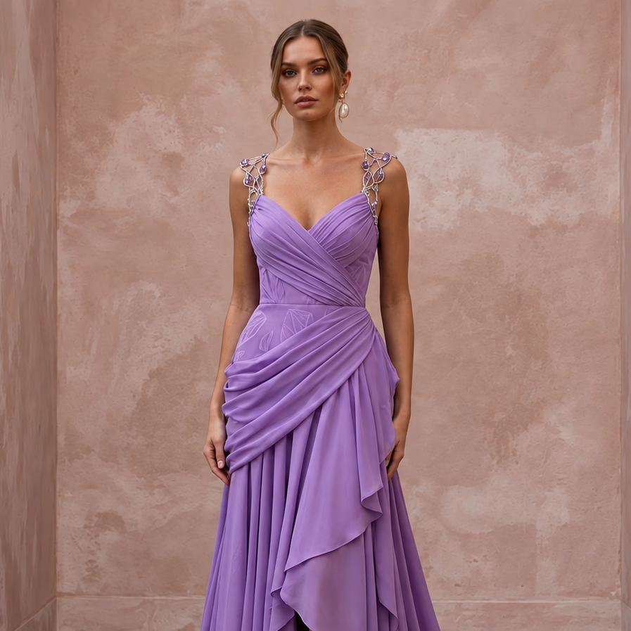 Violet Silk Georgette Draped Asymmetrical Hem Formal Gala Dress