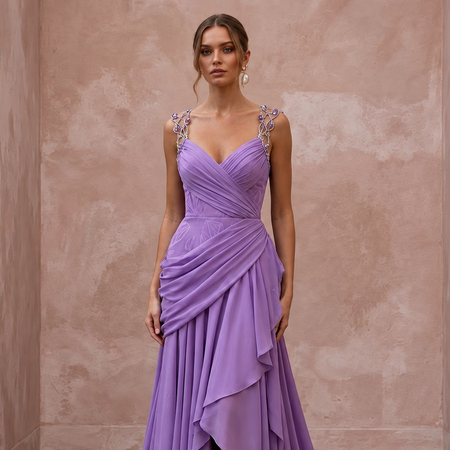 Violet Silk Georgette Draped Asymmetrical Hem Formal Gala Dress