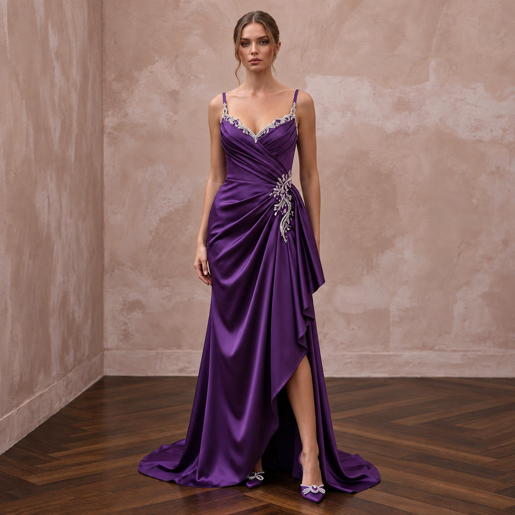 Violet Silk Satin Draped Asymmetrical Hem Formal Dress - Apparel & Accessories > Clothing > Wedding & Bridal Party Dresses > Wedding Dresses - Mignonette Bridal