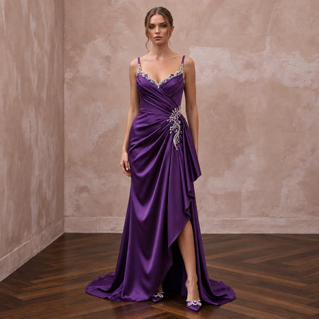 Violet Silk Satin Draped Asymmetrical Hem Formal Dress - Apparel & Accessories > Clothing > Wedding & Bridal Party Dresses > Wedding Dresses - Mignonette Bridal