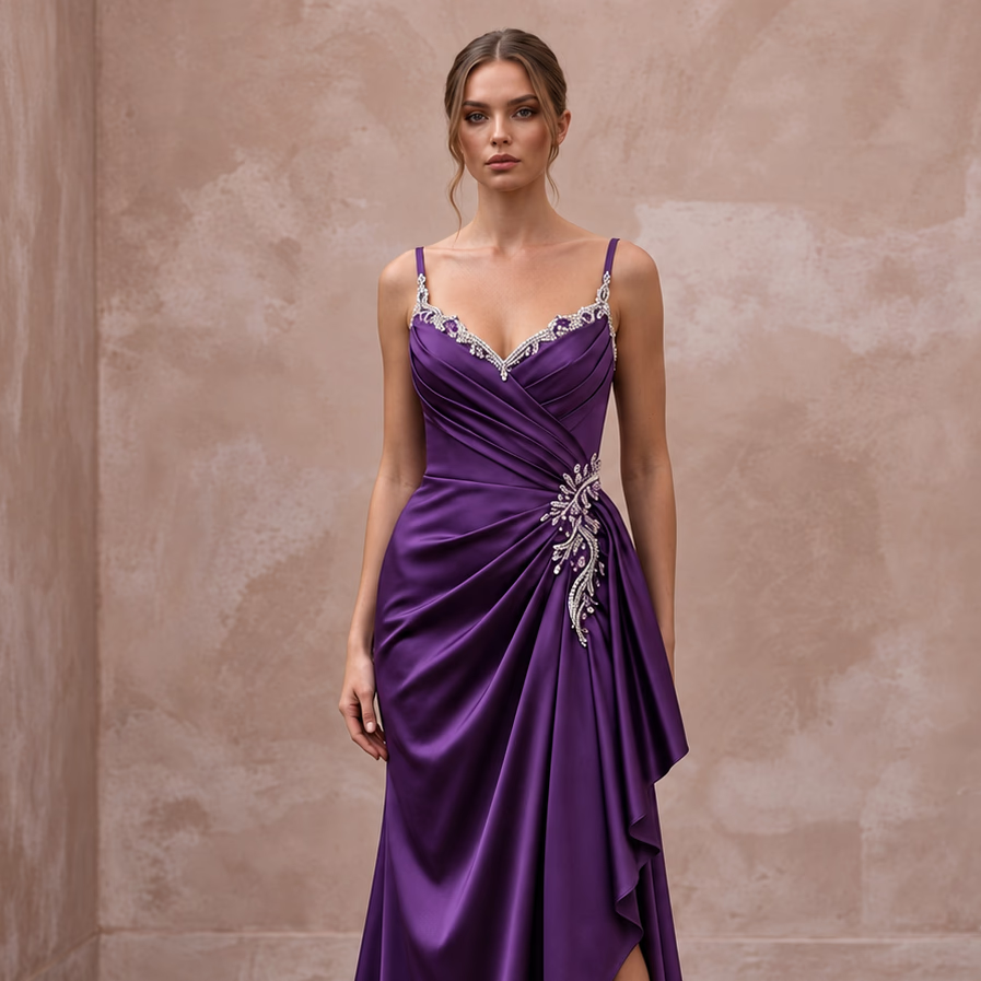 Violet Silk Satin Draped Asymmetrical Hem Formal Dress - Apparel & Accessories > Clothing > Wedding & Bridal Party Dresses > Wedding Dresses - Mignonette Bridal