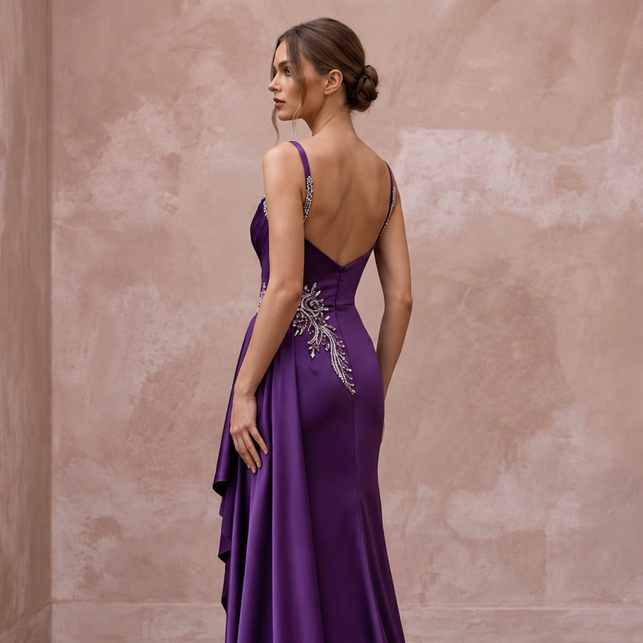 Violet Silk Satin Draped Asymmetrical Hem Formal Dress - Apparel & Accessories > Clothing > Wedding & Bridal Party Dresses > Wedding Dresses - Mignonette Bridal