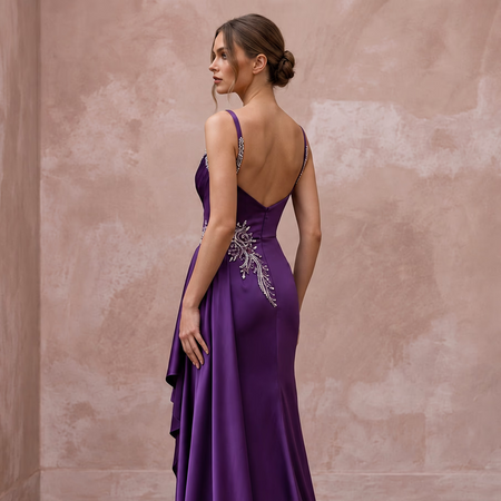 Violet Silk Satin Draped Asymmetrical Hem Formal Dress - Apparel & Accessories > Clothing > Wedding & Bridal Party Dresses > Wedding Dresses - Mignonette Bridal