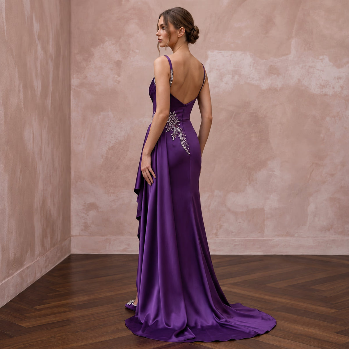 Violet Silk Satin Draped Asymmetrical Hem Formal Dress - Apparel & Accessories > Clothing > Wedding & Bridal Party Dresses > Wedding Dresses - Mignonette Bridal