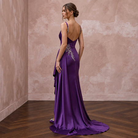 Violet Silk Satin Draped Asymmetrical Hem Formal Dress - Apparel & Accessories > Clothing > Wedding & Bridal Party Dresses > Wedding Dresses - Mignonette Bridal