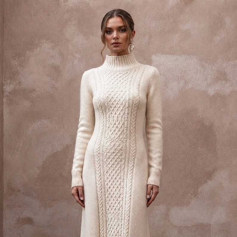 Warm Cream Cashmere Long Sleeve Knit Dress for Ski Rehearsal