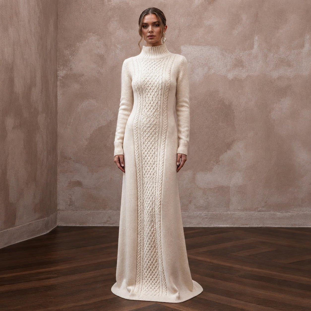 Warm Cream Cashmere Long Sleeve Knit Dress for Ski Rehearsal - Apparel & Accessories > Clothing > Wedding & Bridal Party Dresses > Wedding Dresses - Mignonette Bridal Main image